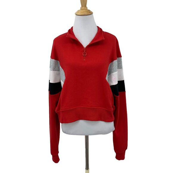 Lorna Jane Grandstand Sweater Womens M Red Colorblock Quarter Zip High Neck Crop - Picture 1 of 14